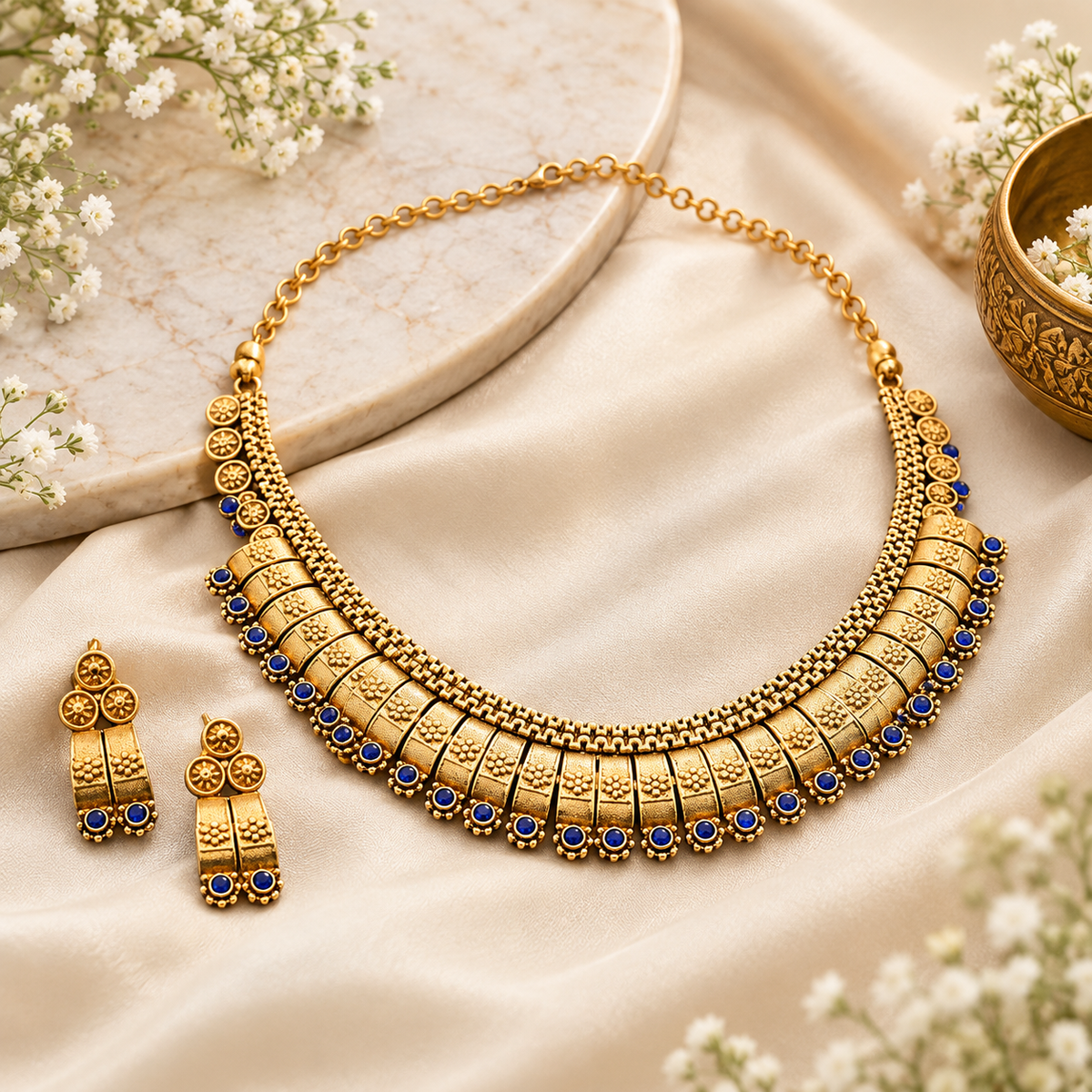 Aaradhya Antique Gold Necklace Set with Earrings