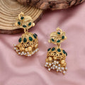 Peacock Antique Gold Jhumka Earrings with Green Stones & Pearls