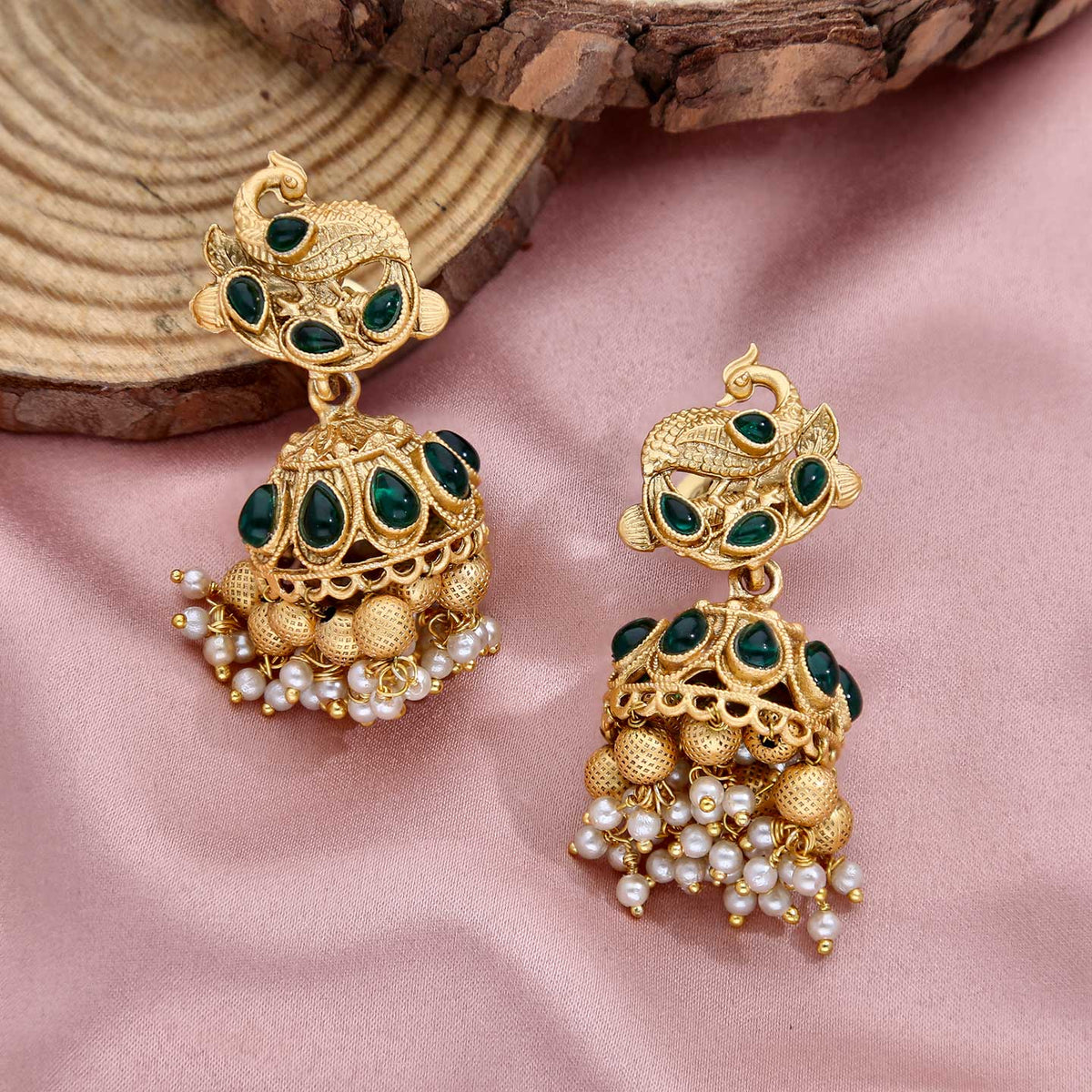Peacock Antique Gold Jhumka Earrings with Green Stones & Pearls