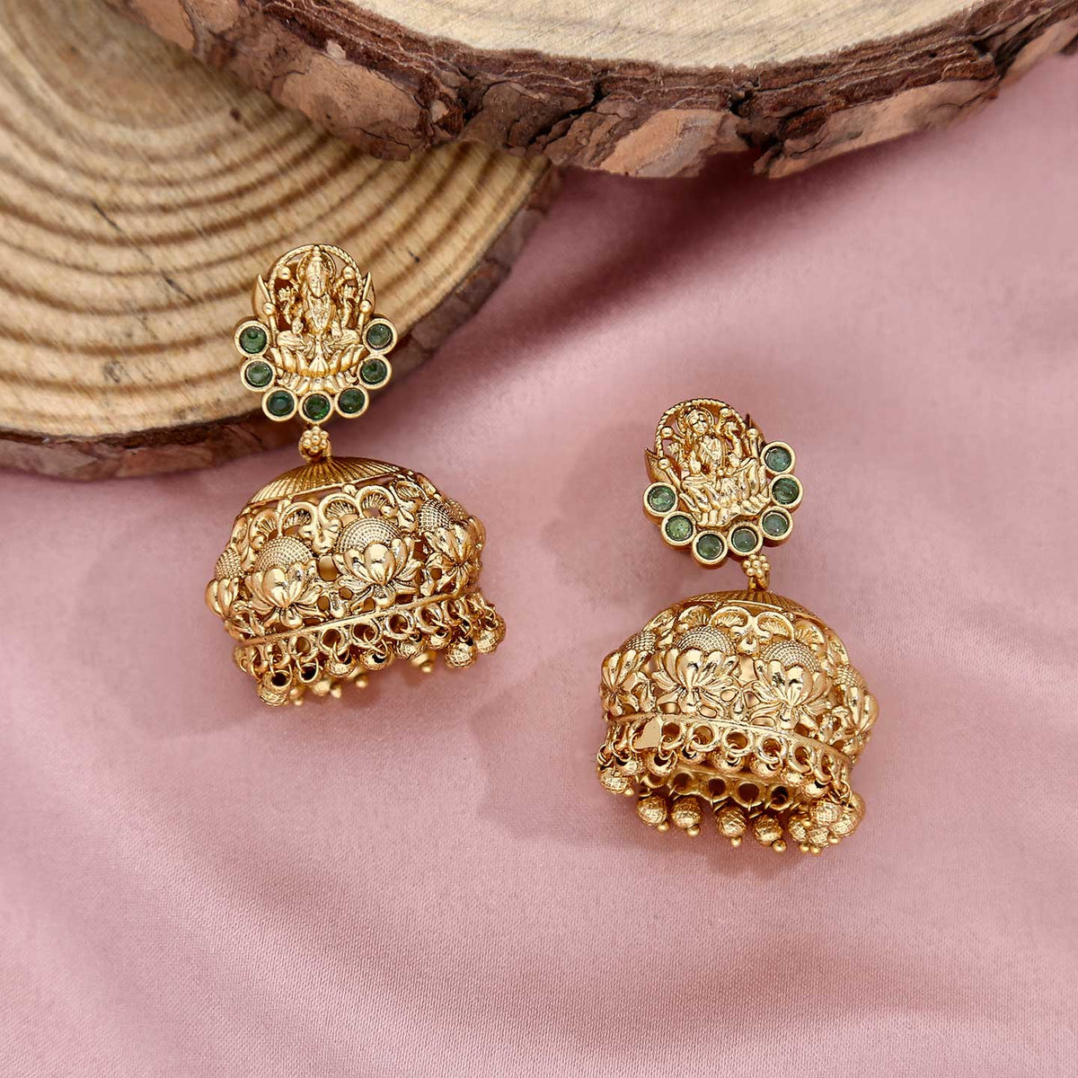 Antique Gold Lakshmi Jhumka Earrings with Green Stones