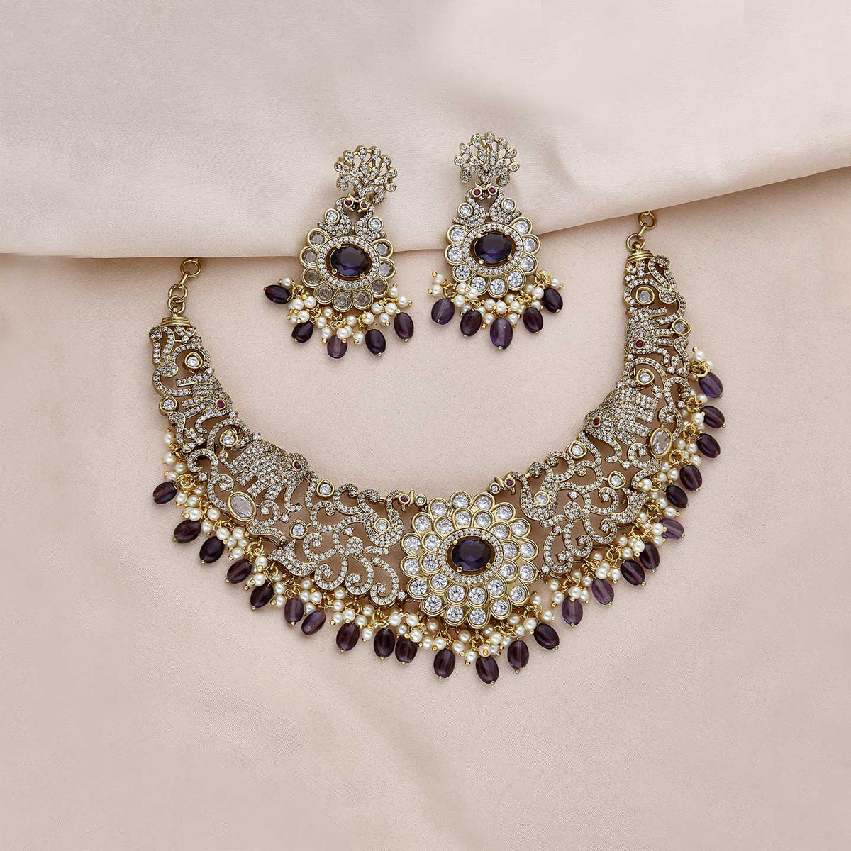 Ishani Antique Gold Purple Stone Statement Necklace Set with Earrings