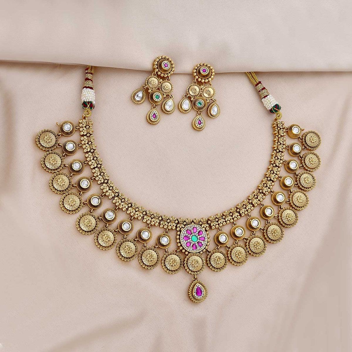 Samaira Antique Gold Coin Necklace Set with Earrings