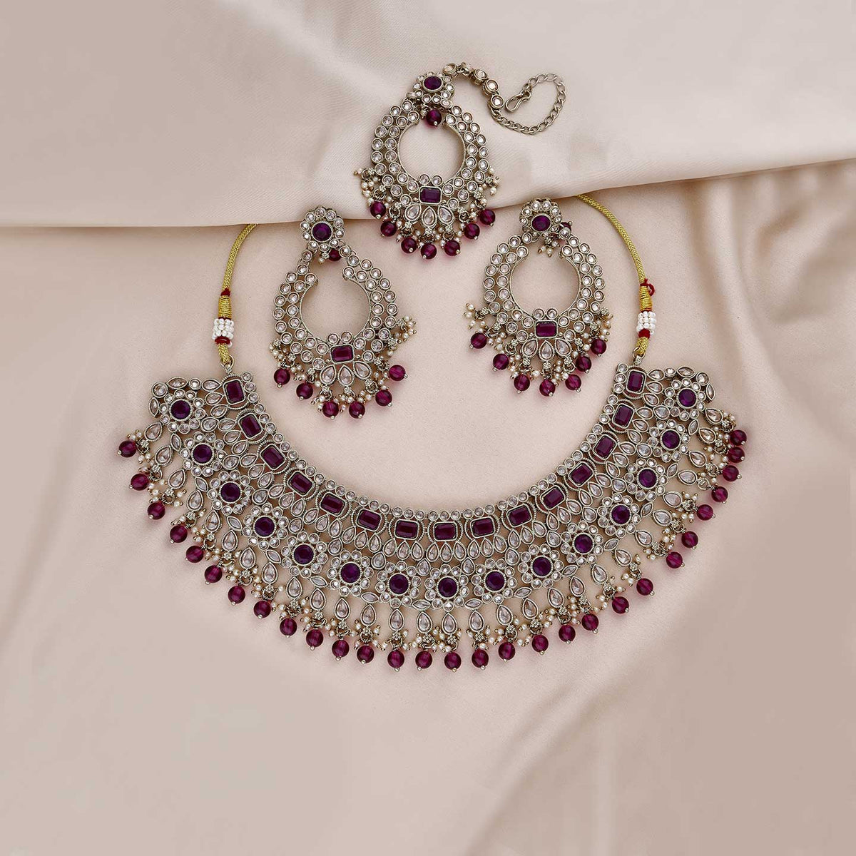 Ruhani Silver-Tone Ruby Stone Statement Necklace Set with Earrings & Maang Tikka