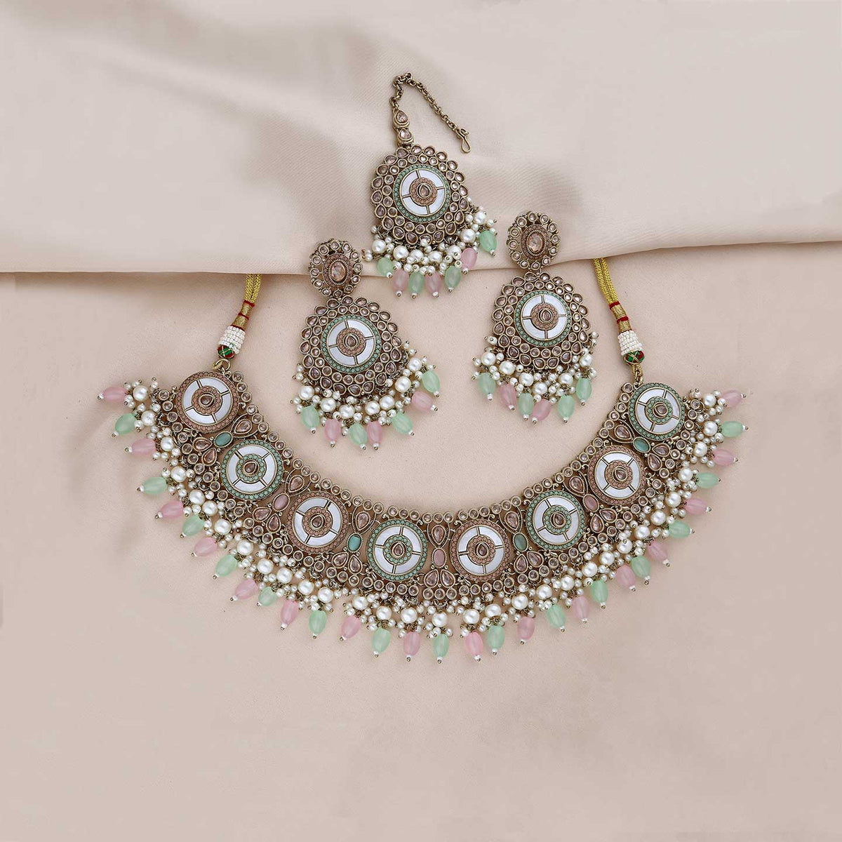 Meher Antique Gold Pastel Stone Necklace Set with Earrings & Maang Tikka