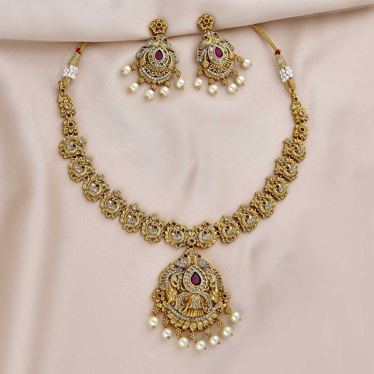 Anvika Antique Gold Necklace Set with Pearl Drops & Earrings