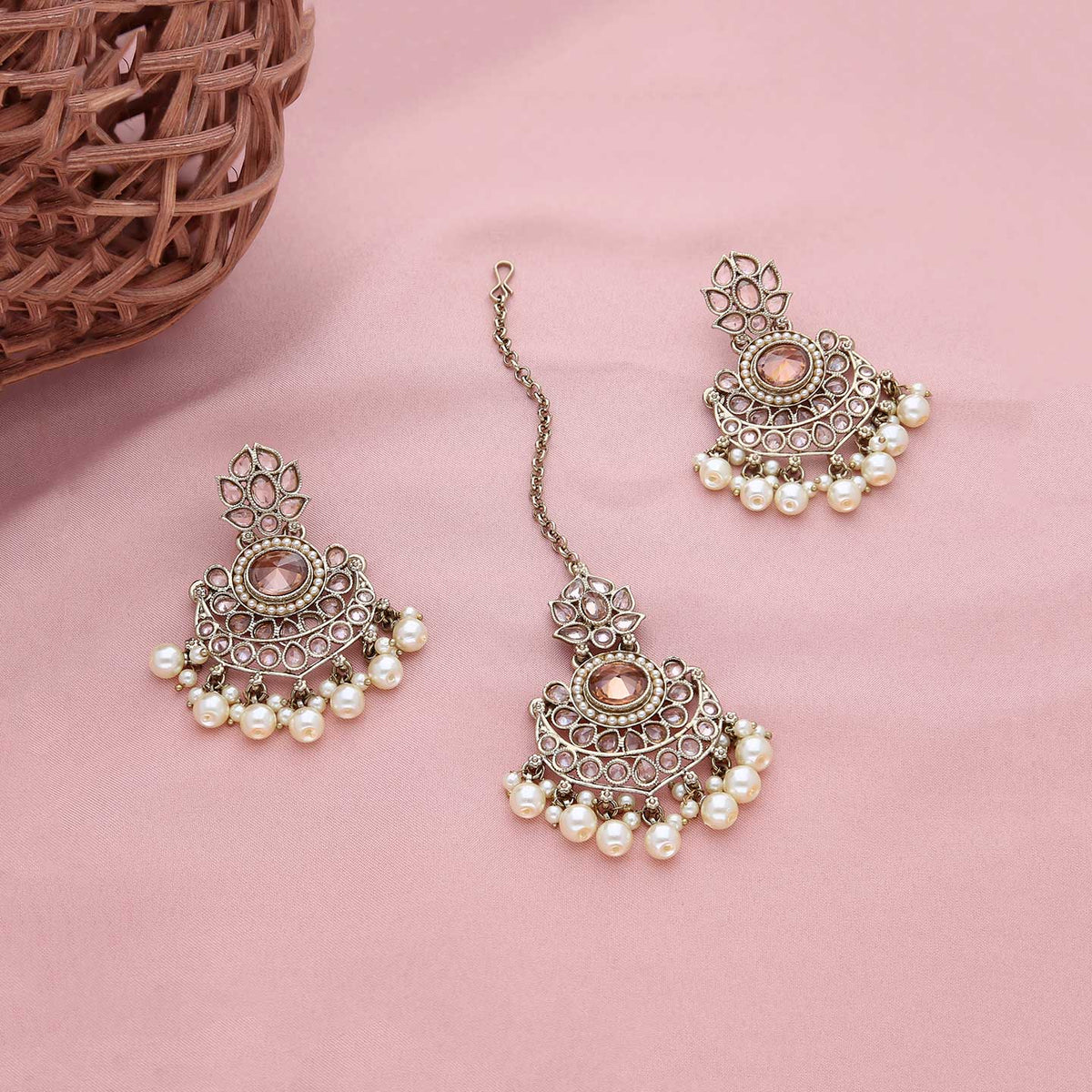 Antique Pearl Chandbali Earrings & Maang Tikka Set