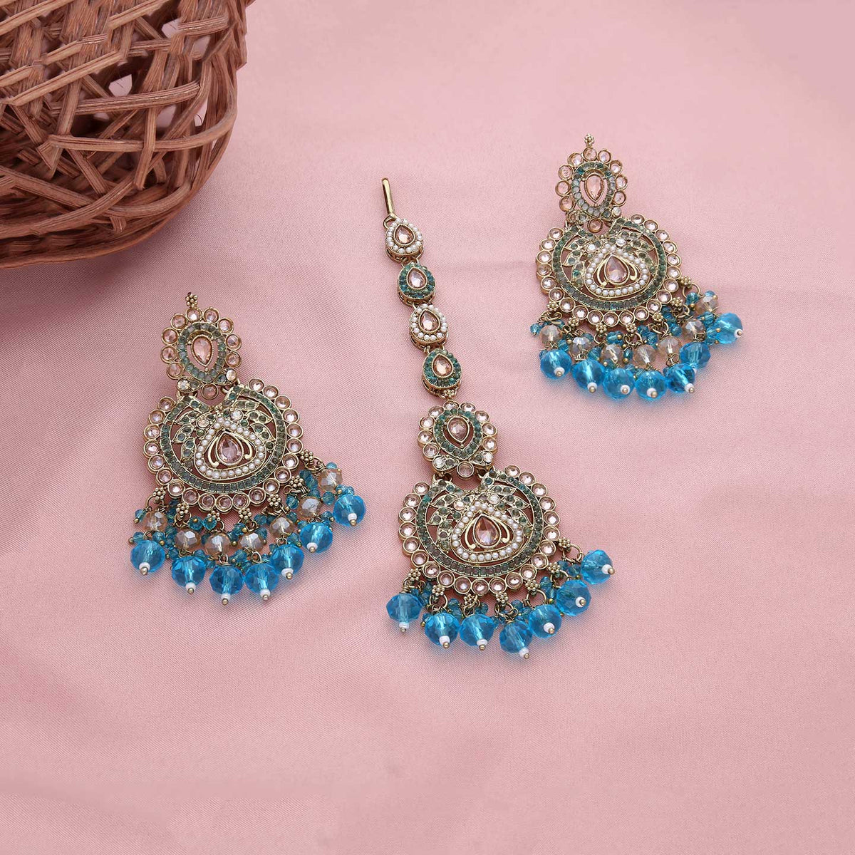 Antique Blue Beaded Chandbali Earrings & Maang Tikka Set