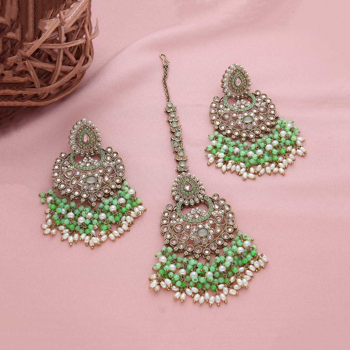 Mint Green Kundan Chandbali Earrings & Maang Tikka Set