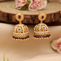 Antique Gold Kundan Dome Jhumka Earrings with Pearl & Maroon Beads