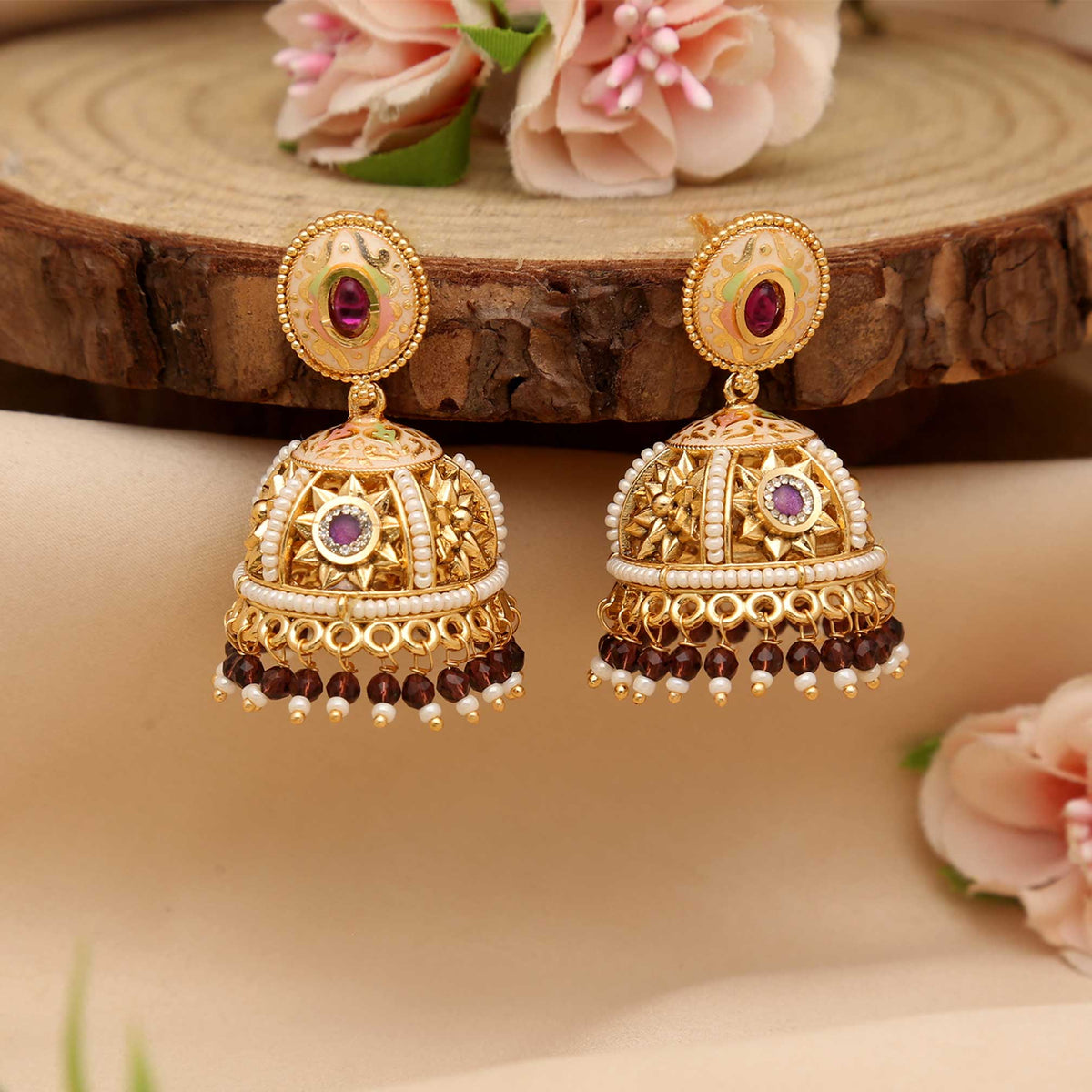 Antique Gold Kundan Dome Jhumka Earrings with Pearl & Maroon Beads