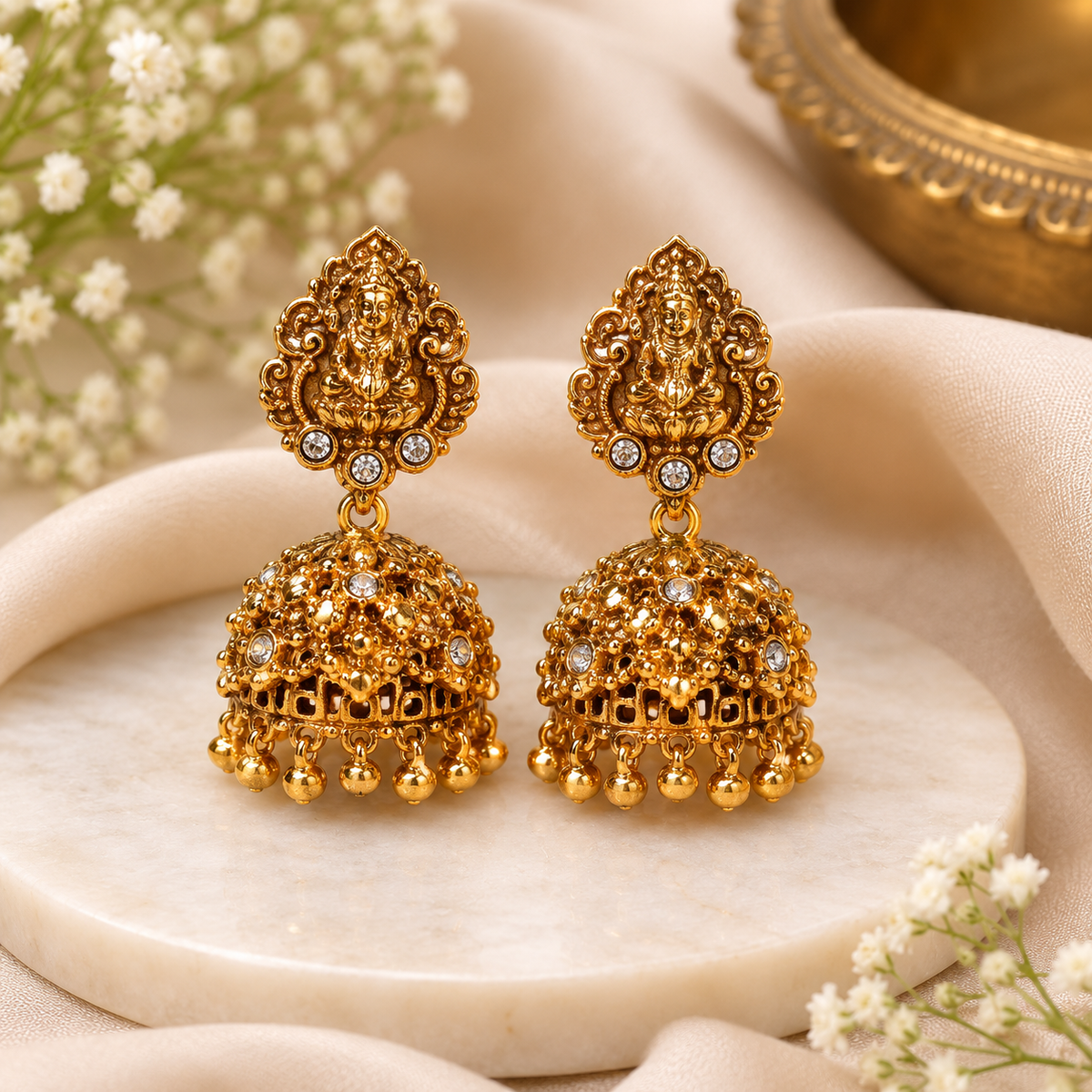 Antique Gold-Tone Temple Jhumka Earrings