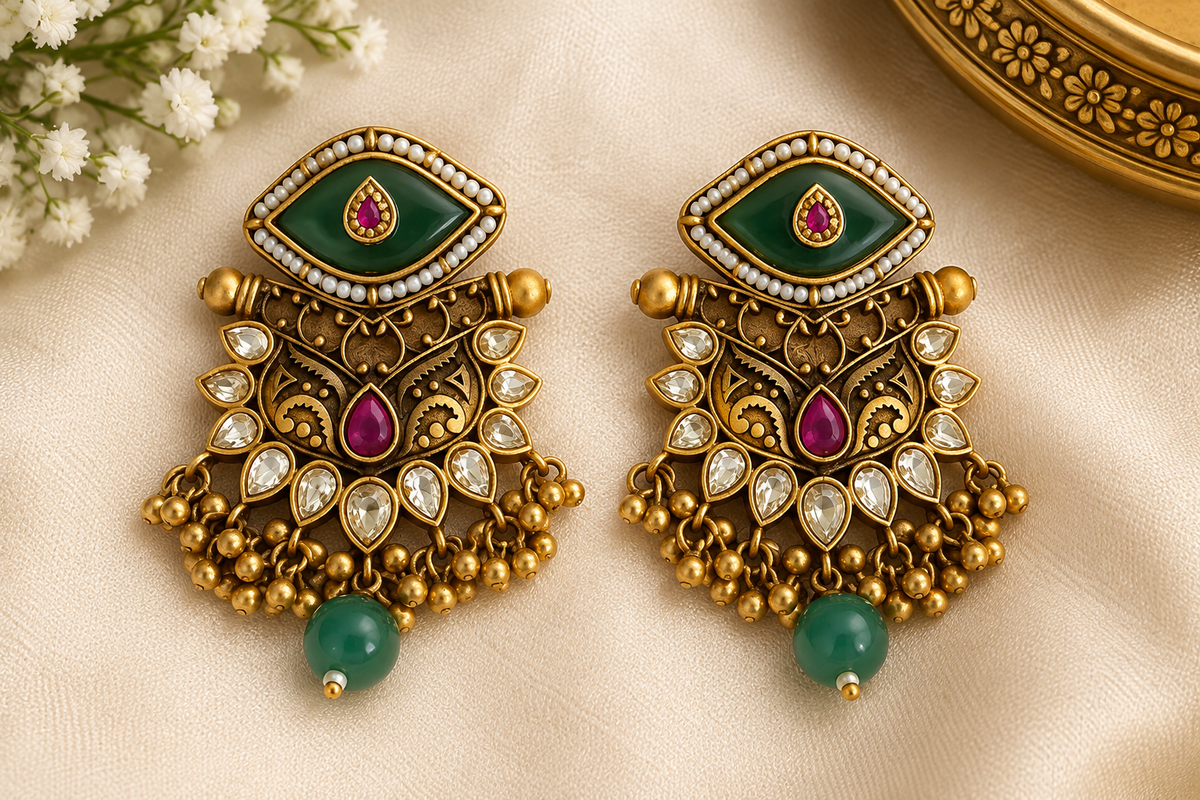 Antique Gold-Tone Green & Ruby Earrings