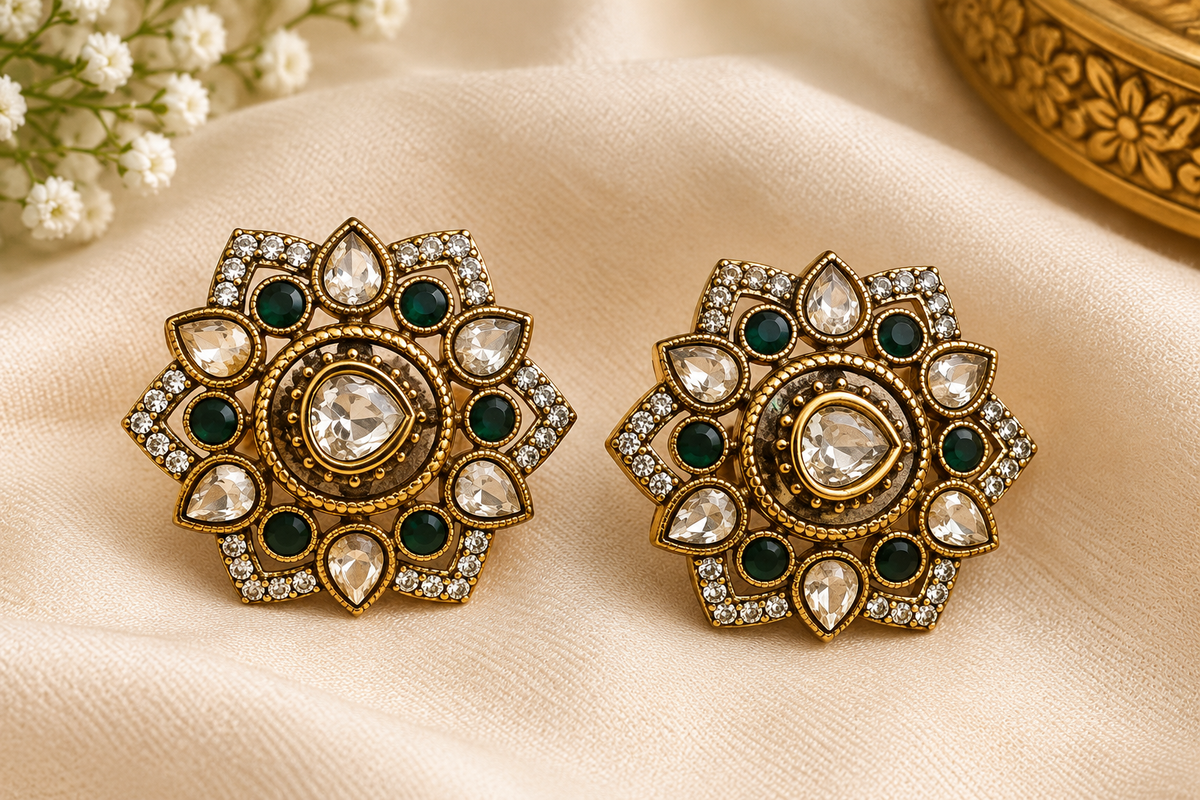 Antique Gold-Tone Green Stone Statement Earrings