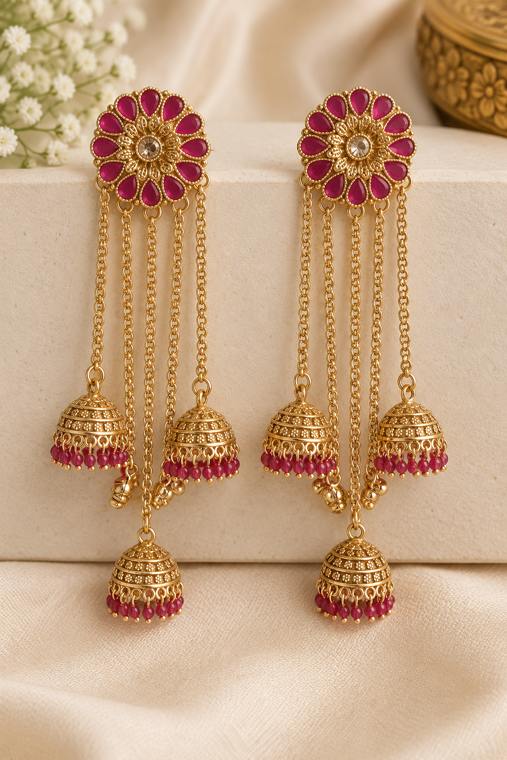 Antique Gold-Tone Ruby Floral Multi-Jhumka Earrings