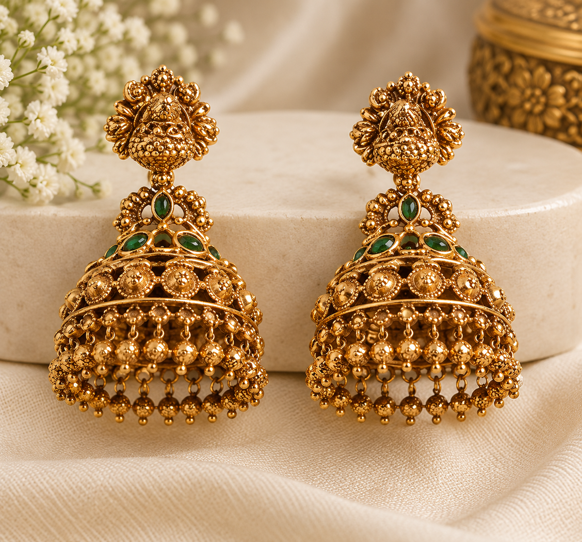 Antique Gold-Tone Green Statement Jhumka Earrings