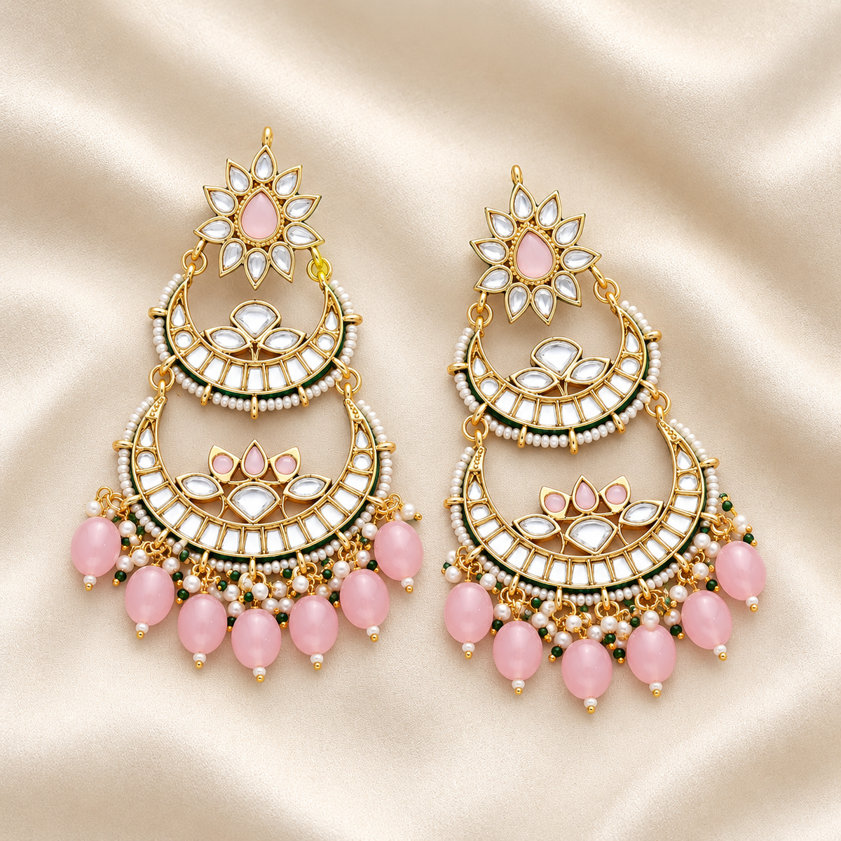 Antique Gold-Tone Pink Kundan-Style Chandbali Earrings