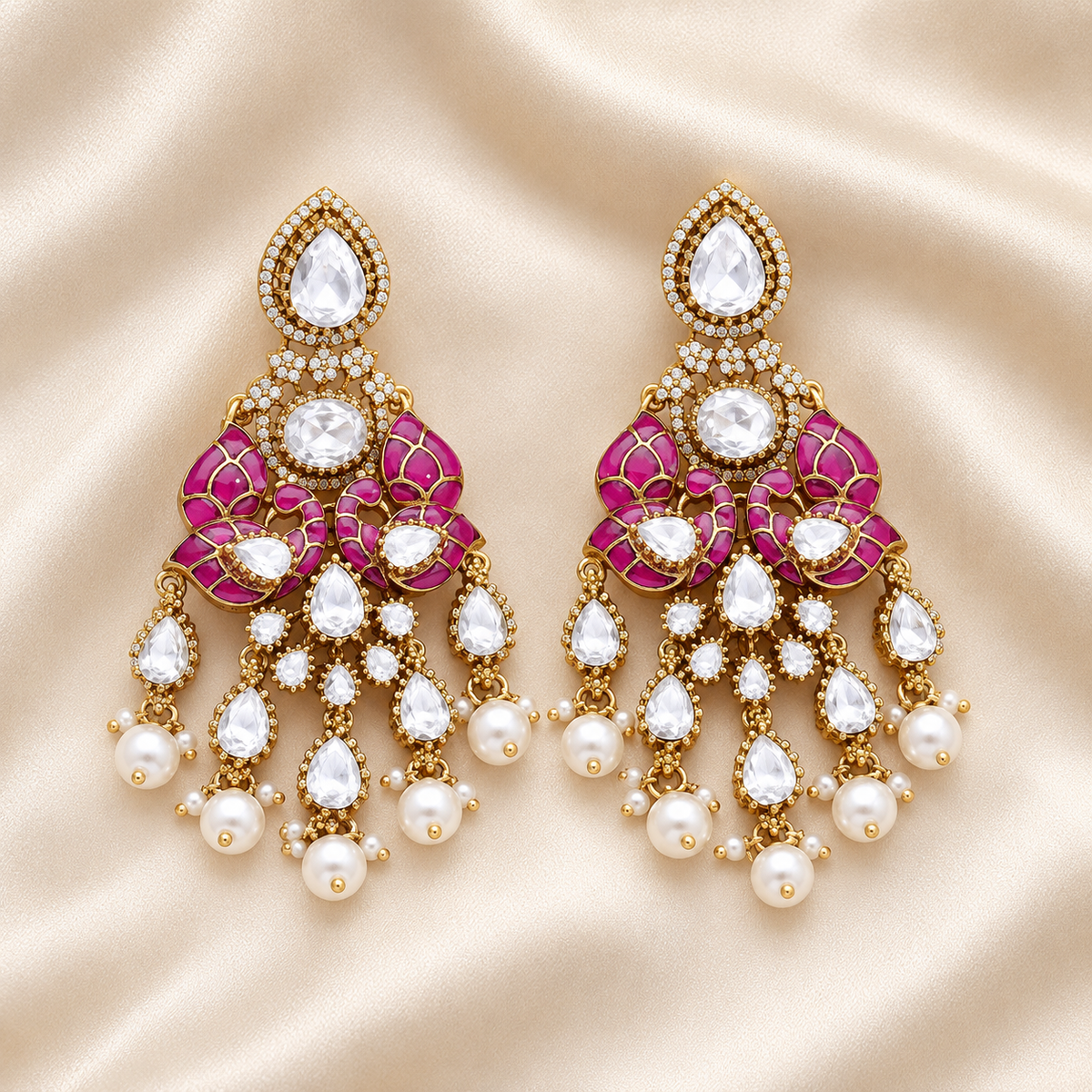 Antique Gold-Tone Pink Floral Statement Earrings