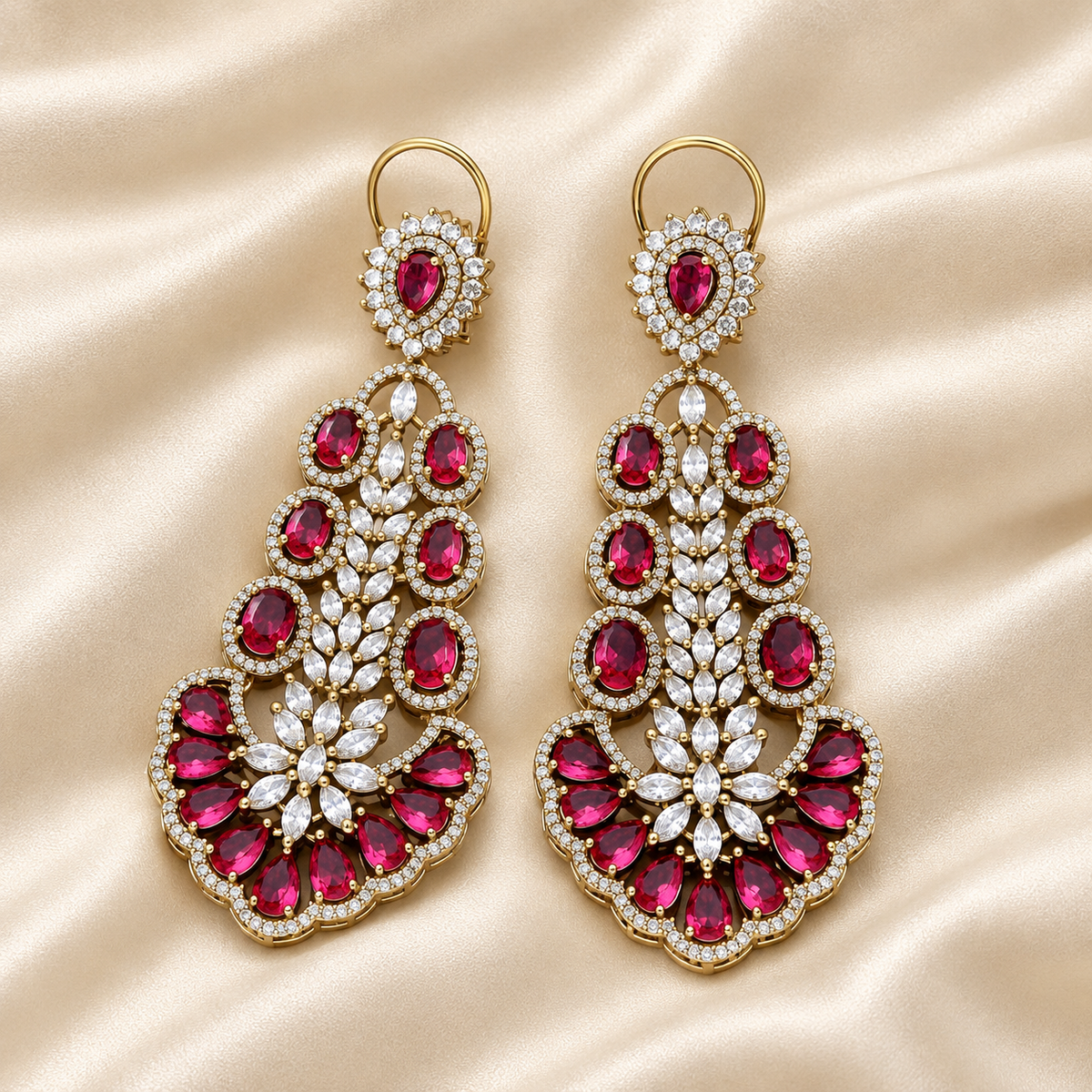 Antique Gold-Tone Ruby Statement Chandelier Earrings