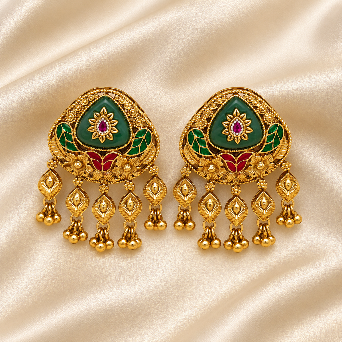 Antique Gold-Tone Green & Red Statement Earrings