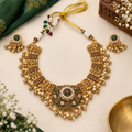 Antique Gold-Tone Green & Pearl Statement Necklace Set
