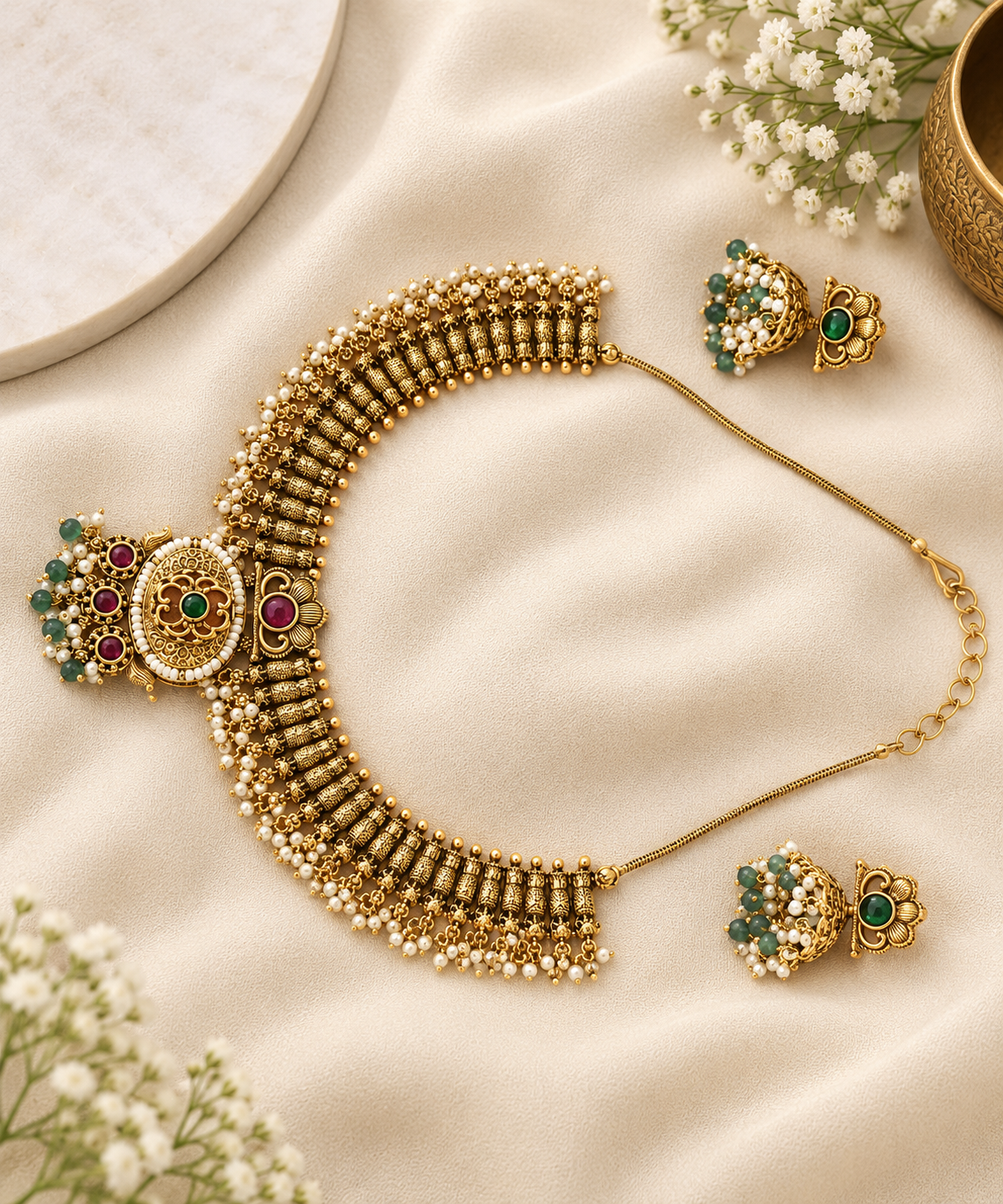 Antique Gold-Tone Green & Ruby Pearl Necklace Set