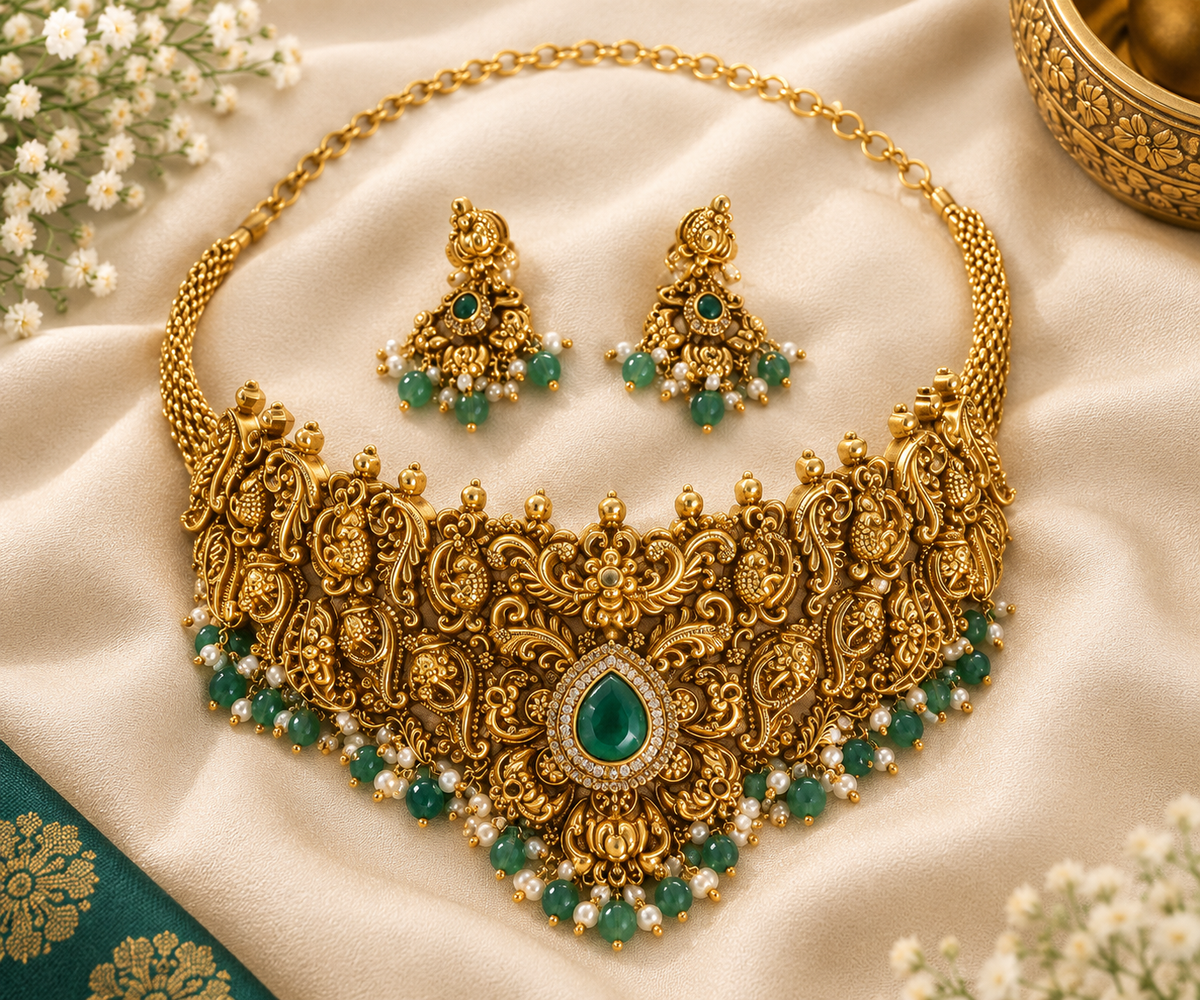 Antique Gold-Tone Green Stone Bridal Choker Set