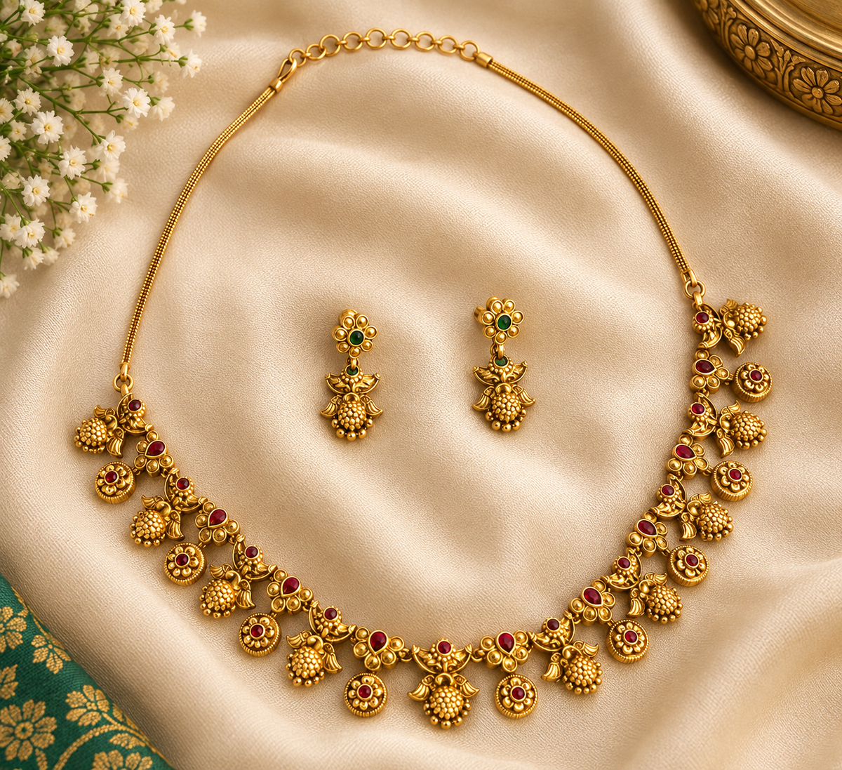 Antique Gold-Tone Ruby Floral Necklace Set