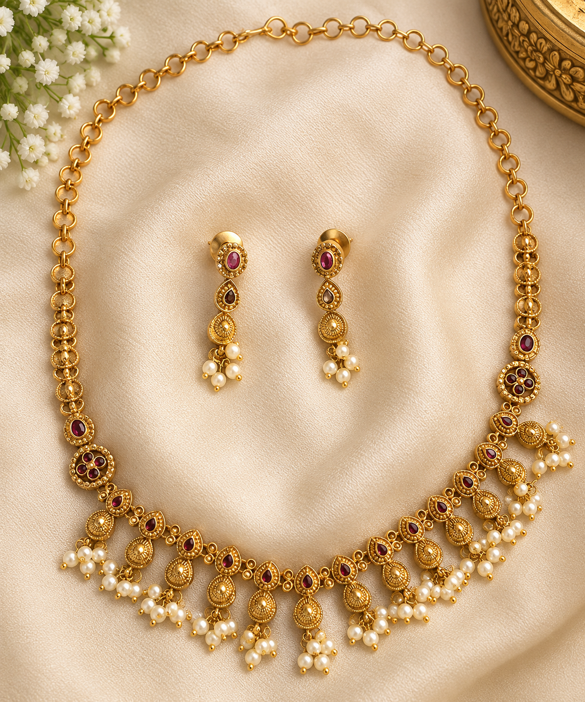 Antique Gold-Tone Ruby & Pearl Necklace Set