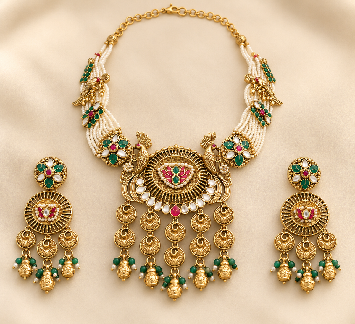 Antique Gold-Tone Peacock Statement Necklace Set