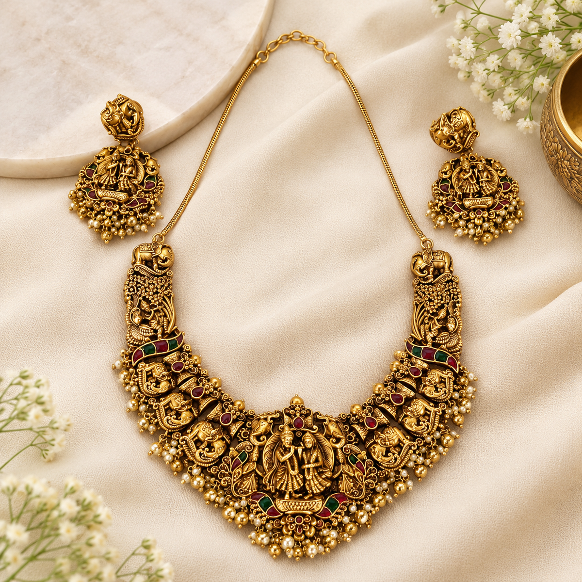 Antique Gold-Tone Radha Krishna Temple Necklace Set
