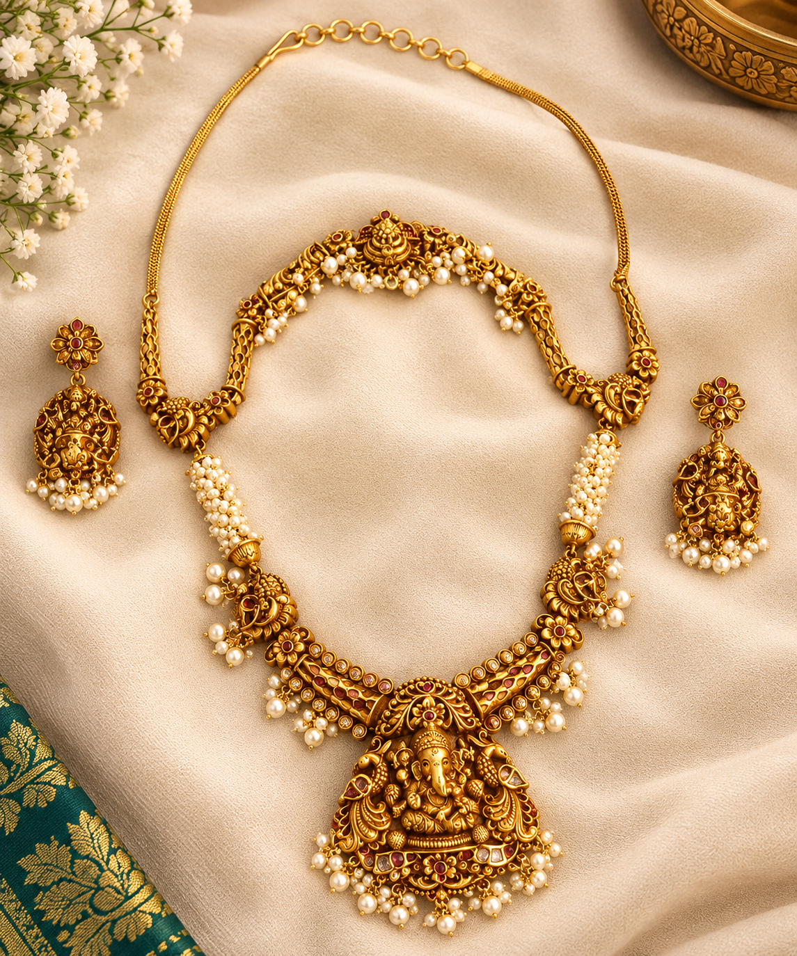 Antique Gold-Tone Lord Ganesh Temple Necklace Set