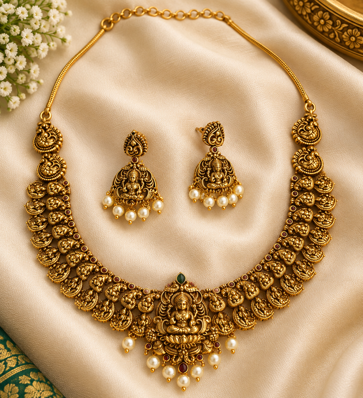 Antique Gold-Tone Lakshmi Temple Necklace Set