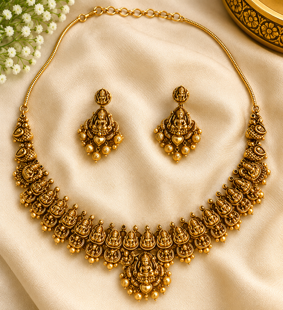 Antique Gold-Tone Lakshmi Temple Necklace Set