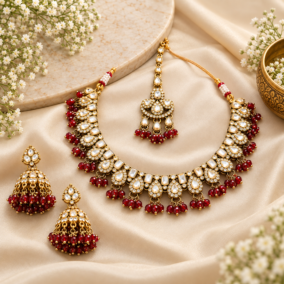 Ridhima Kundan Necklace Set with Jhumkas & Maang Tikka