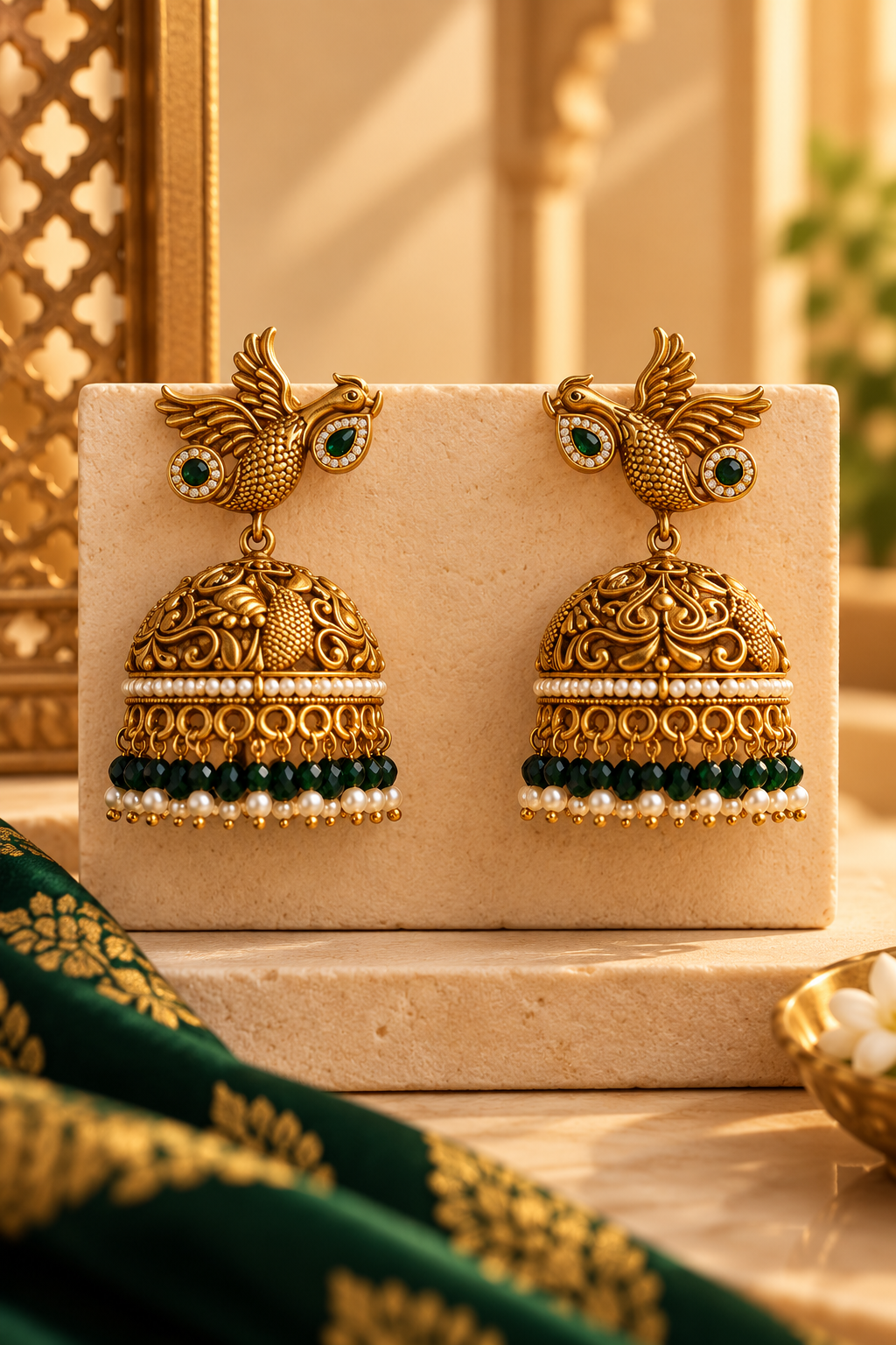 Mayuri Antique Gold Peacock Green Beaded Jhumka Earrings
