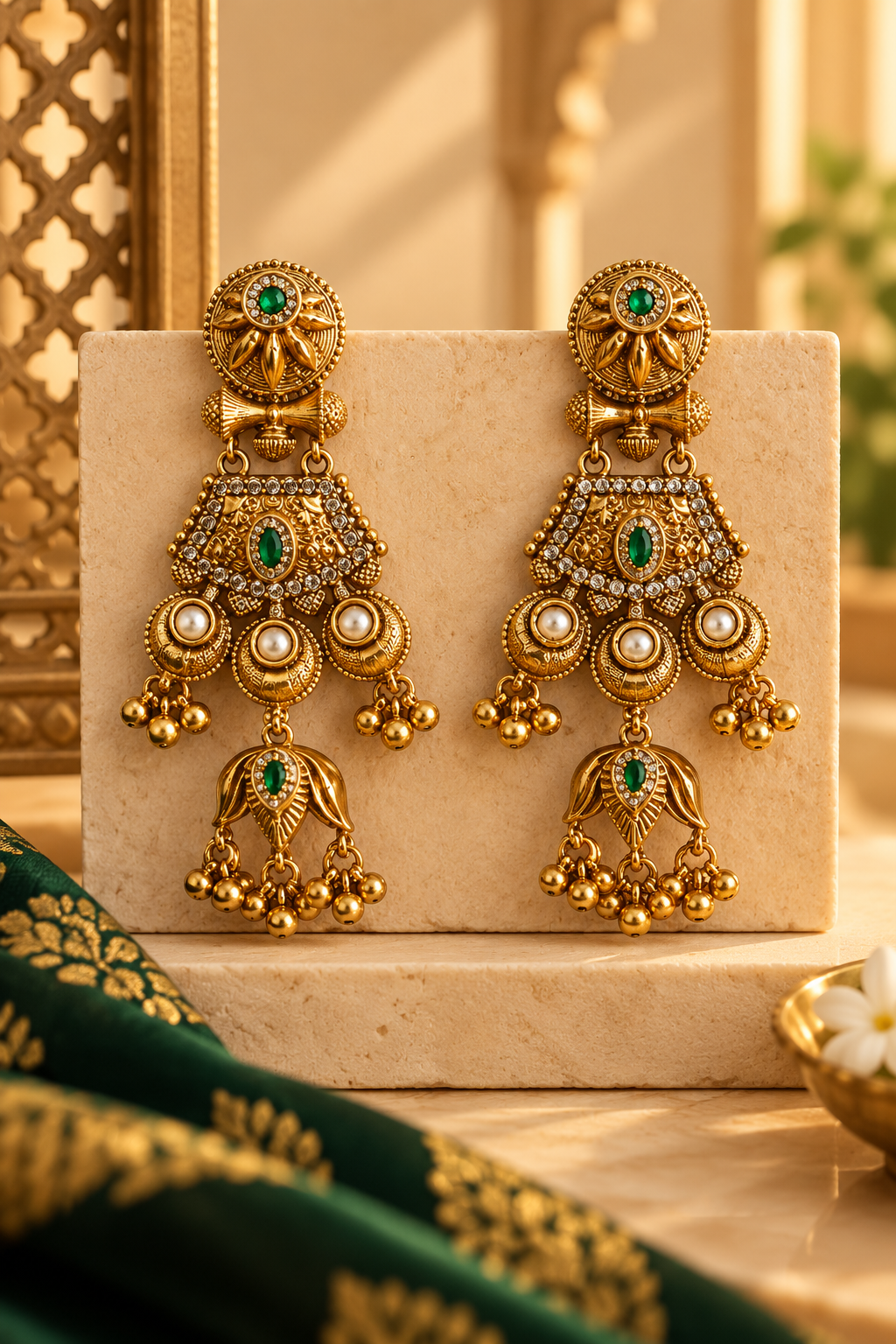 Vaidehi Antique Gold Green Pearl Statement Earrings