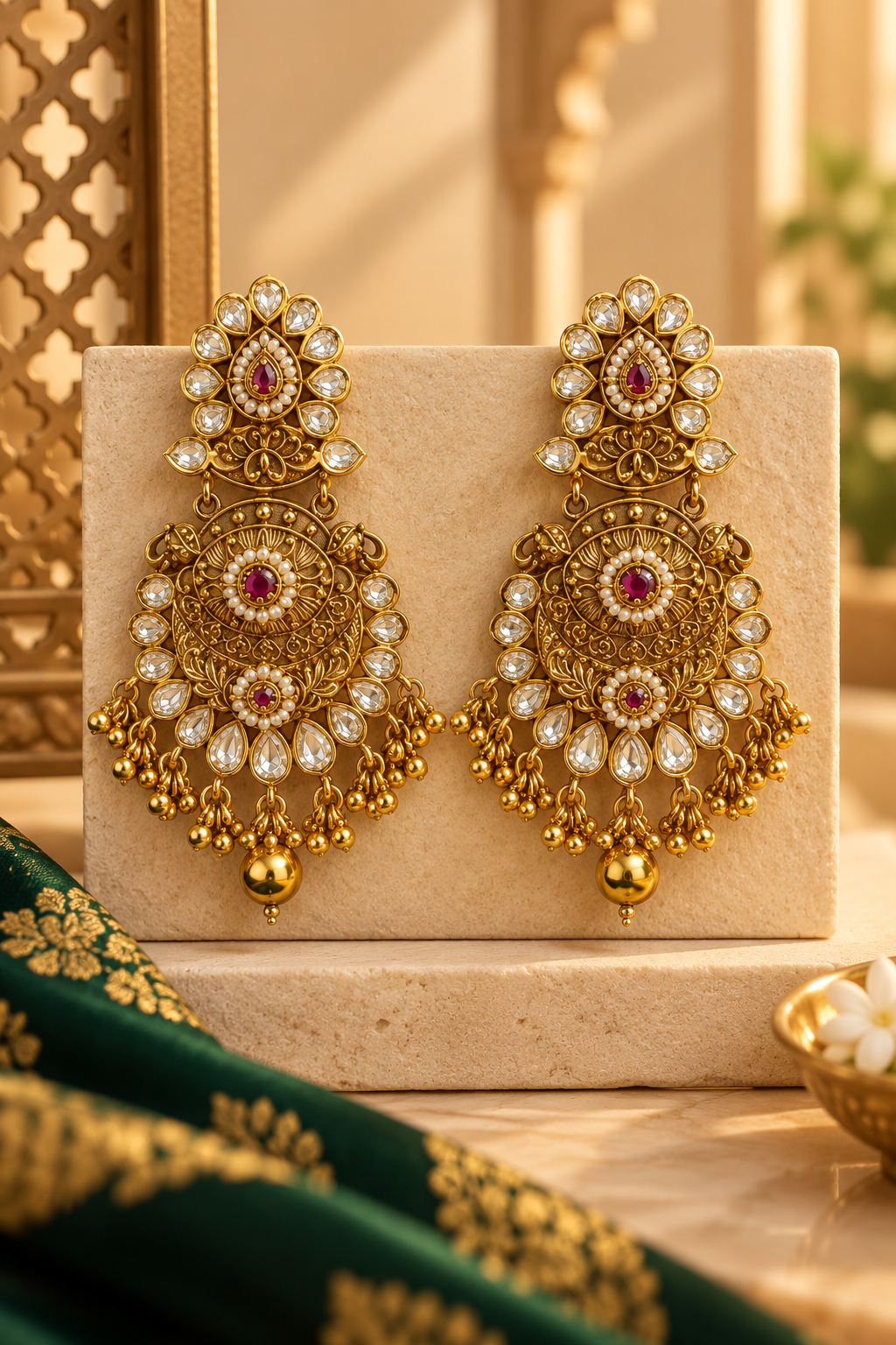 Ishani Antique Gold Kundan Chandbali Statement Earrings