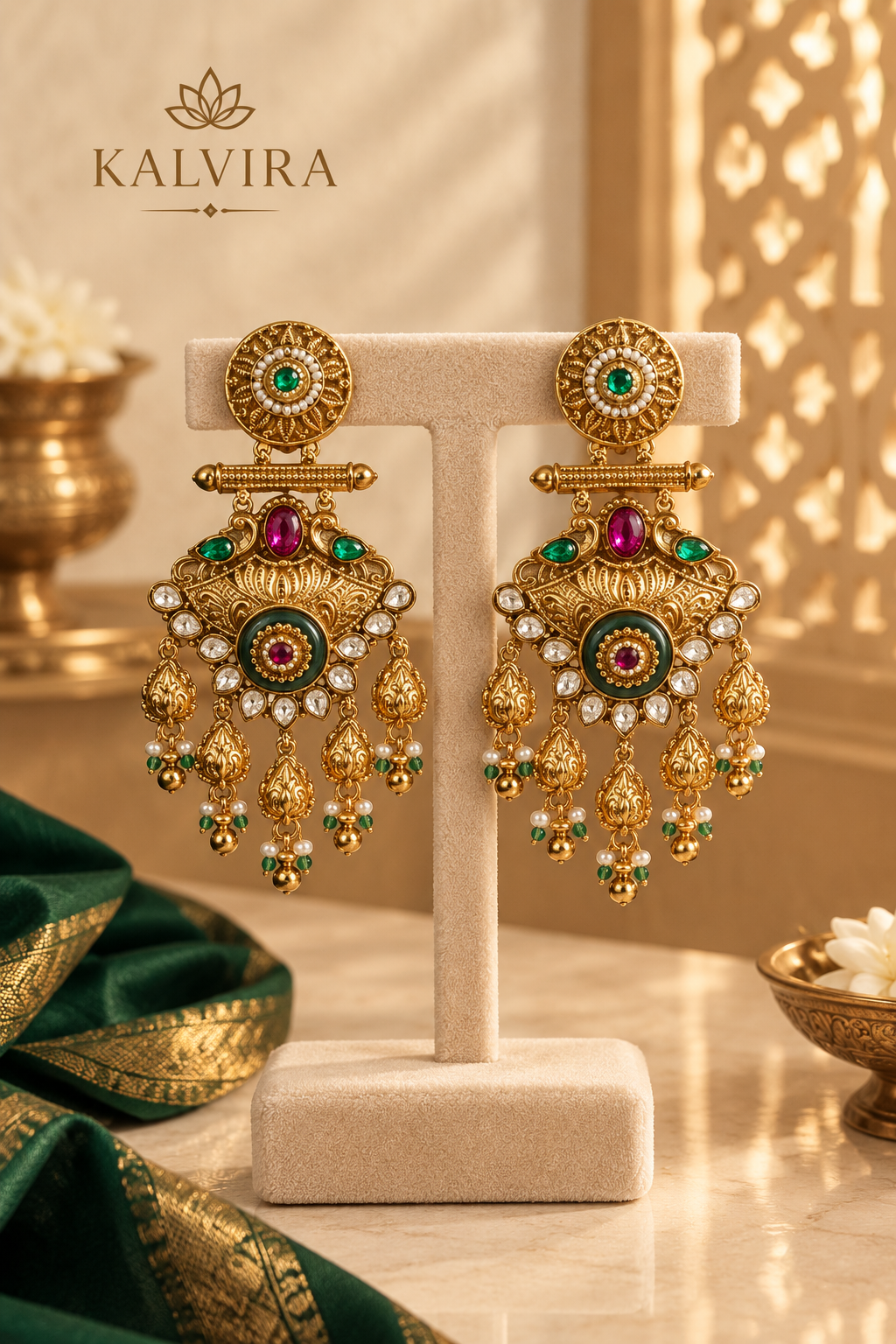 Aaradhya Antique Gold Kundan Multicolour Statement Earrings