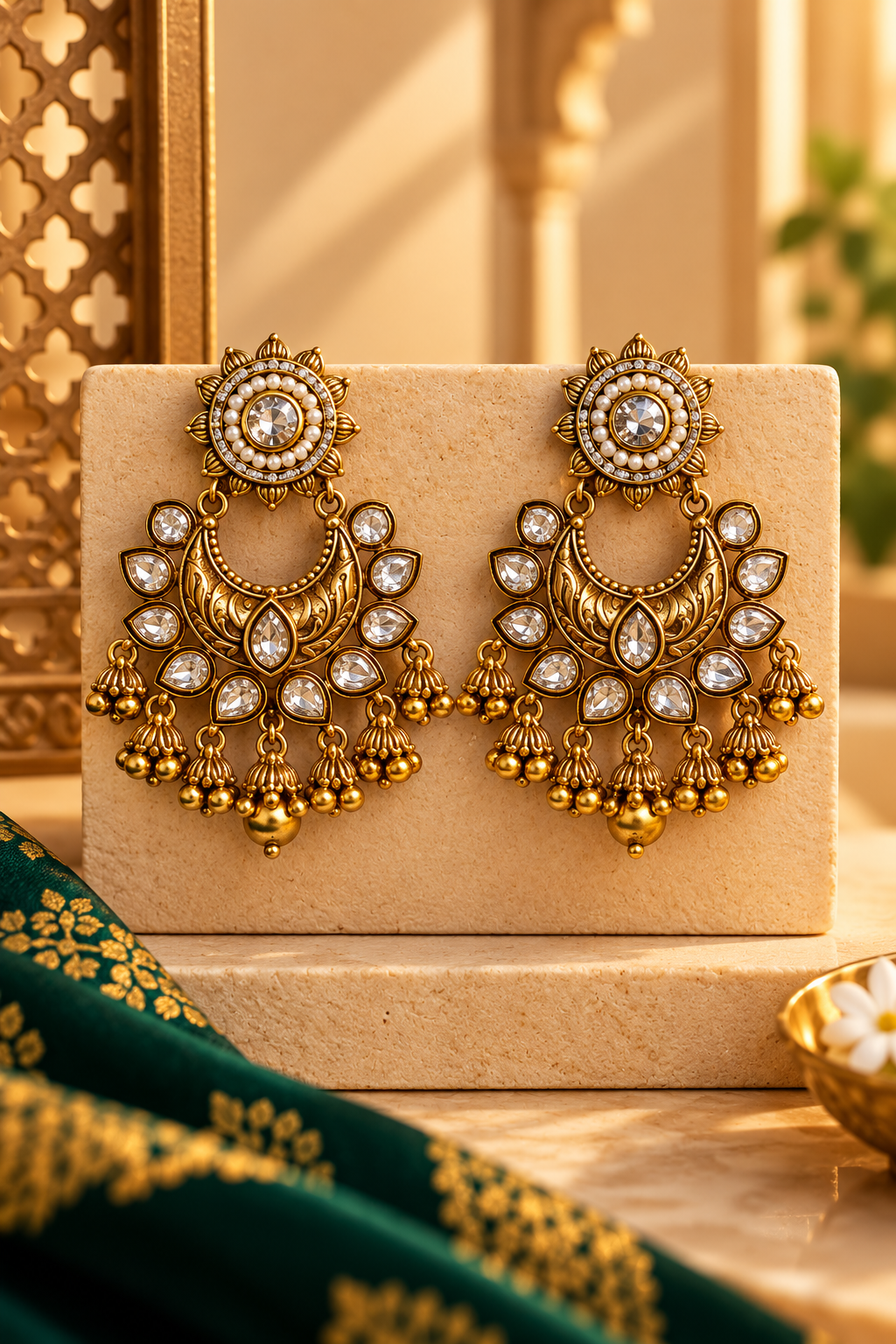 Avni Antique Gold Kundan Chandbali Statement Earrings