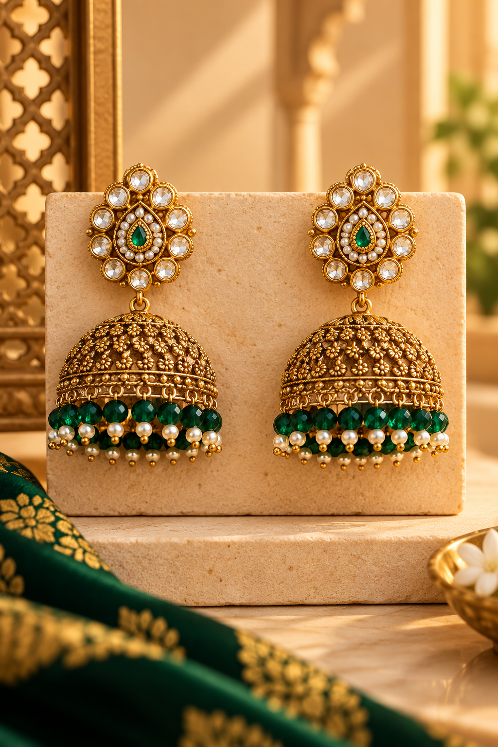 Meher Antique Gold Kundan Green Beaded Jhumka Earrings