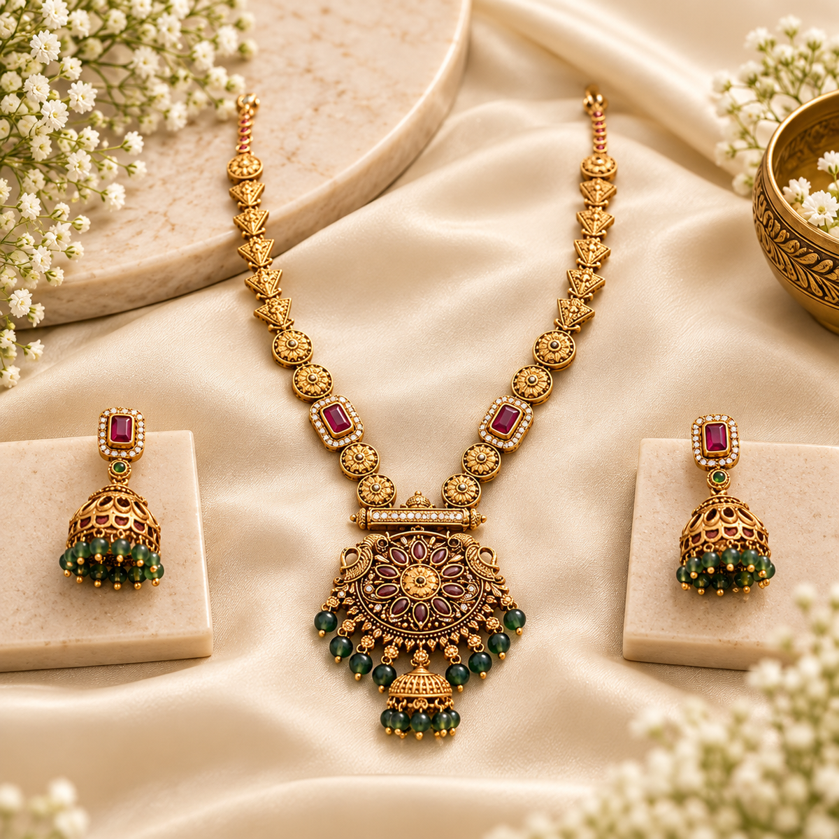 Vaidehi Antique Gold Long Necklace Set with Jhumkas
